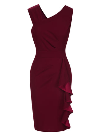 She slips into this Wine Red 1960s Solid Ruffle Trim Pencil Dress and suddenly it's a 1960s daydream