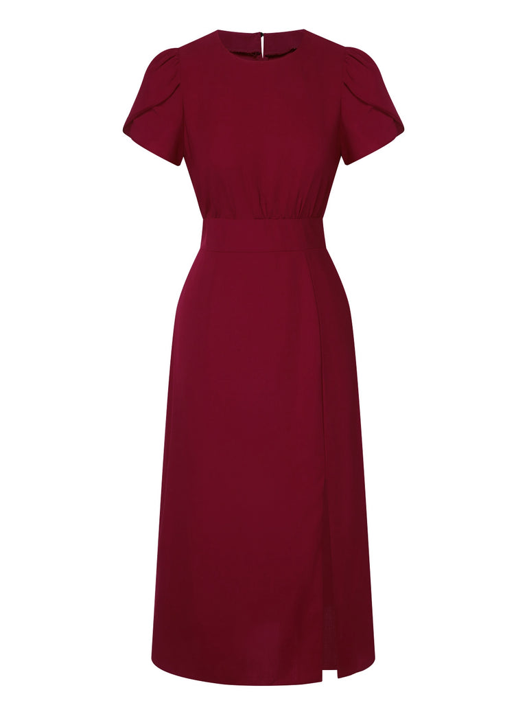 Wine Red 1960s Solid Side Slit Dress, vintage dress, retro fashion - perfect for women who love vintage and retro fashion
