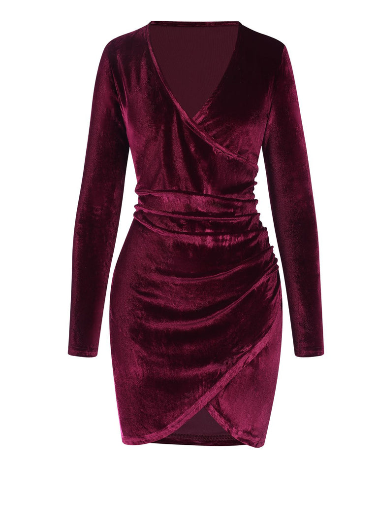 Retro Stage Wine Red Solid V-Neck Wrap Dress Retro Stage Wine Red Solid V-Neck Wrap Dress