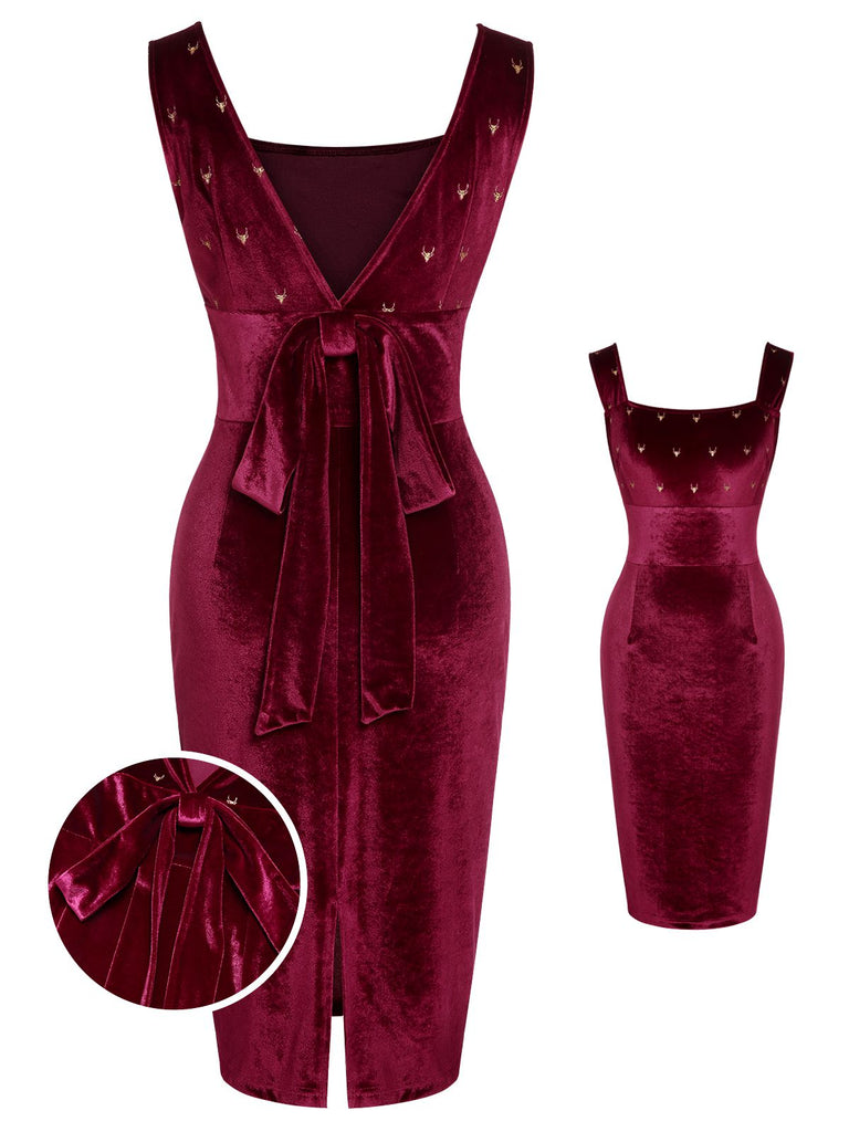 Velvet Square Neck Reindeer Printed Bodycon Dress Wine Red, XL