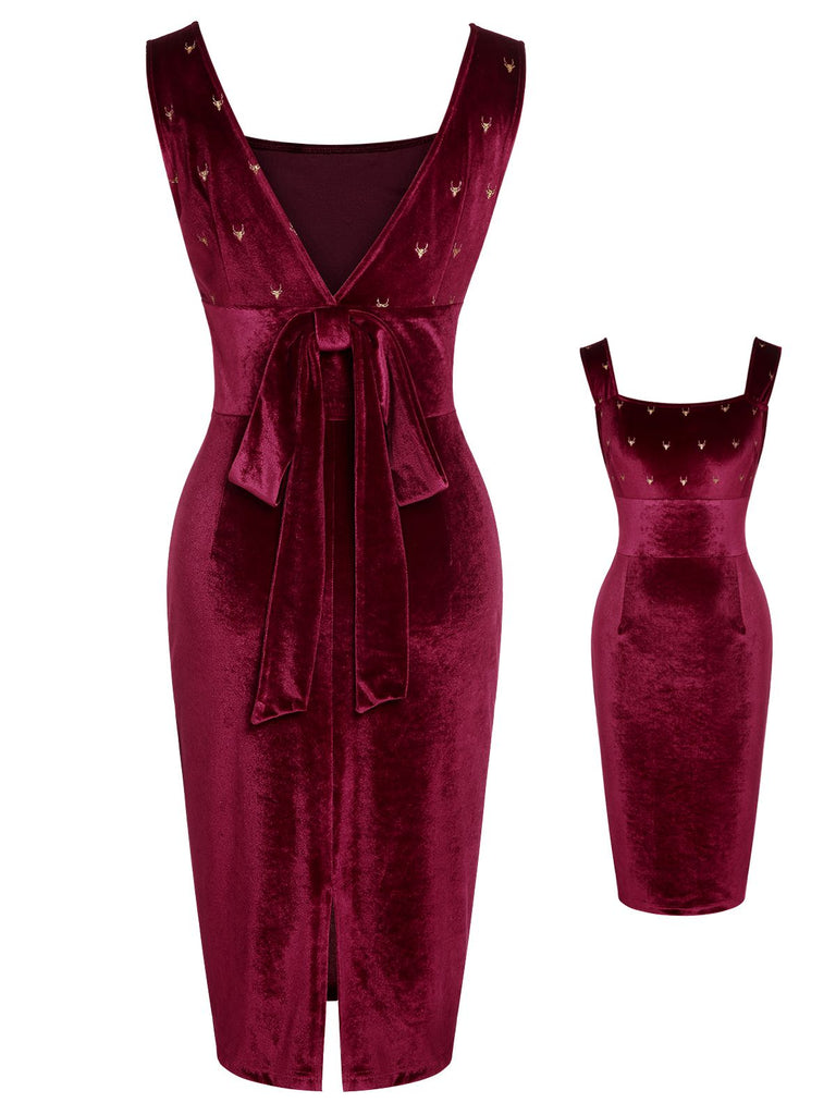 Women's Velvet Square Neck Elk Back-Bow Sheath Christmas Dress Wine Red | Size Large Women's Velvet Square Neck Elk Back-Bow Sheath Christmas Dress Wine Red | Size Large