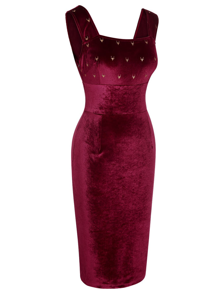 strapless open back dress Wine Red 1960s Velvet Elk Bow Dress