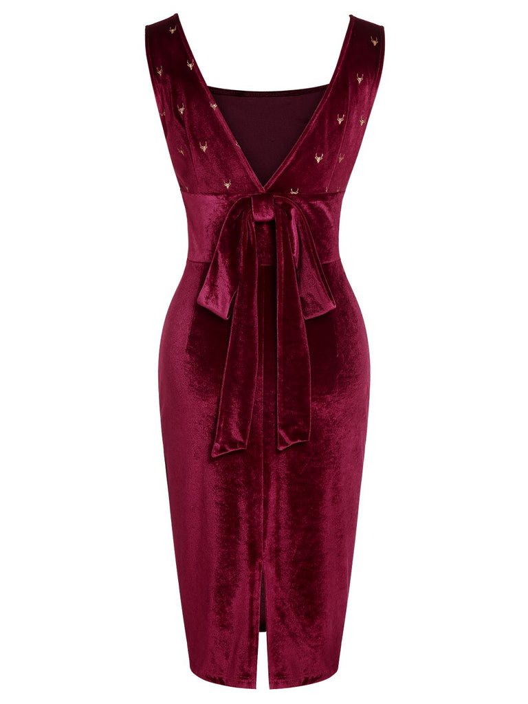 Women's Velvet Square Neck Elk Back-Bow Sheath Christmas Dress Wine Red Women's Velvet Square Neck Elk Back-Bow Sheath Christmas Dress Wine Red