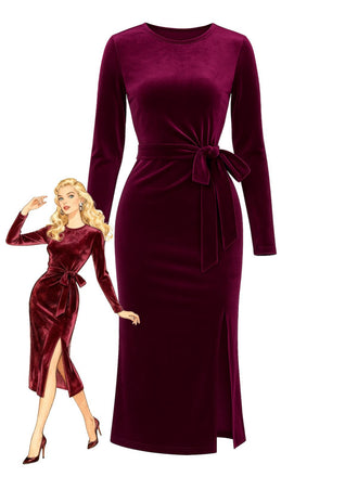 Wine Red 1960s Velvet Waist-Tie Bodycon Dress - vintage dress, retro fashion, elegant red