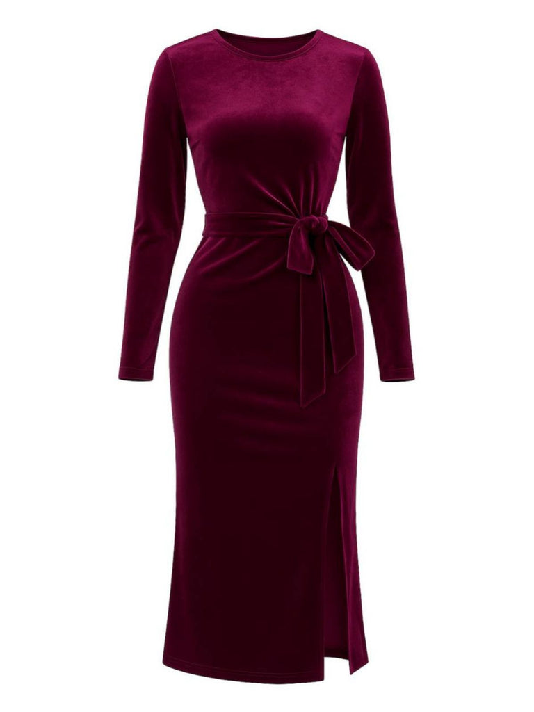 Wine Red 1960s Velvet Waist-Tie Bodycon Dress - vintage dress, retro fashion, elegant red