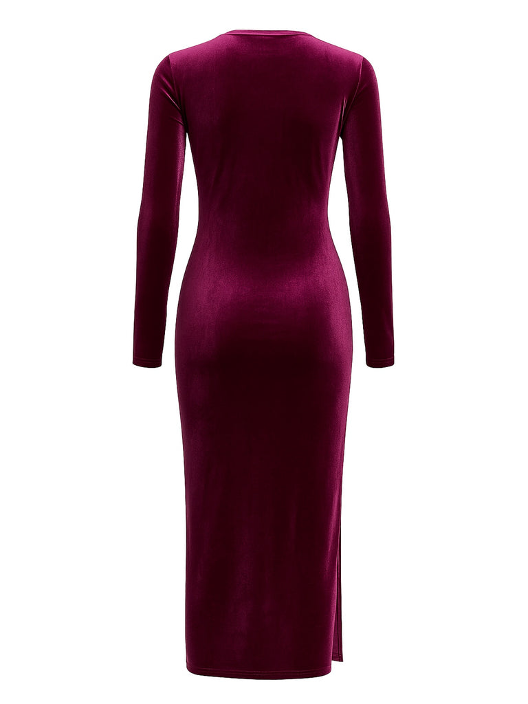 Wine Red 1960s Velvet Waist-Tie Bodycon Dress - vintage dress, retro fashion, elegant red