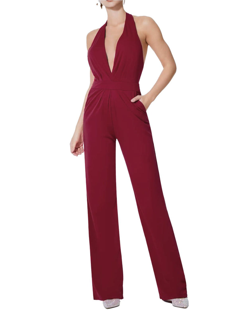 Wine Red 1970s Halter Deep V-Neck Pockets Jumpsuit - vintage jumpsuit, retro fashion, elegant red