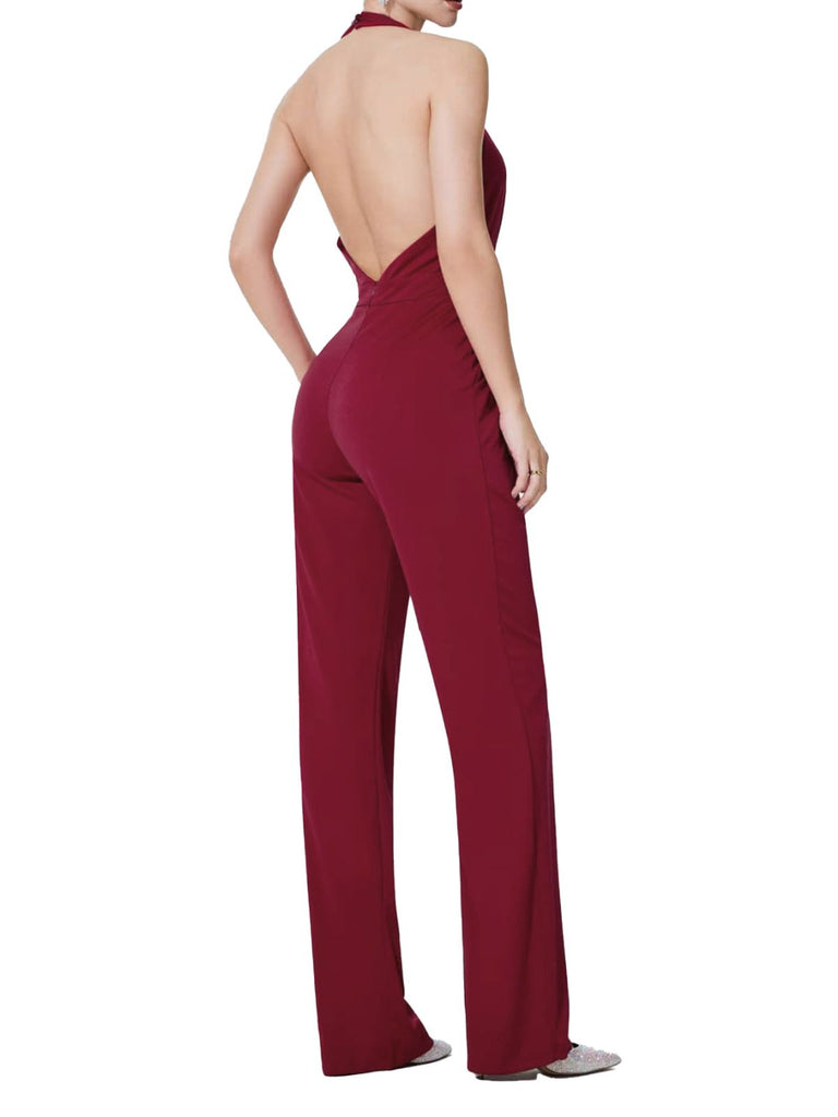 Wine Red 1970s Halter Deep V-Neck Pockets Jumpsuit - vintage jumpsuit, retro fashion, elegant red