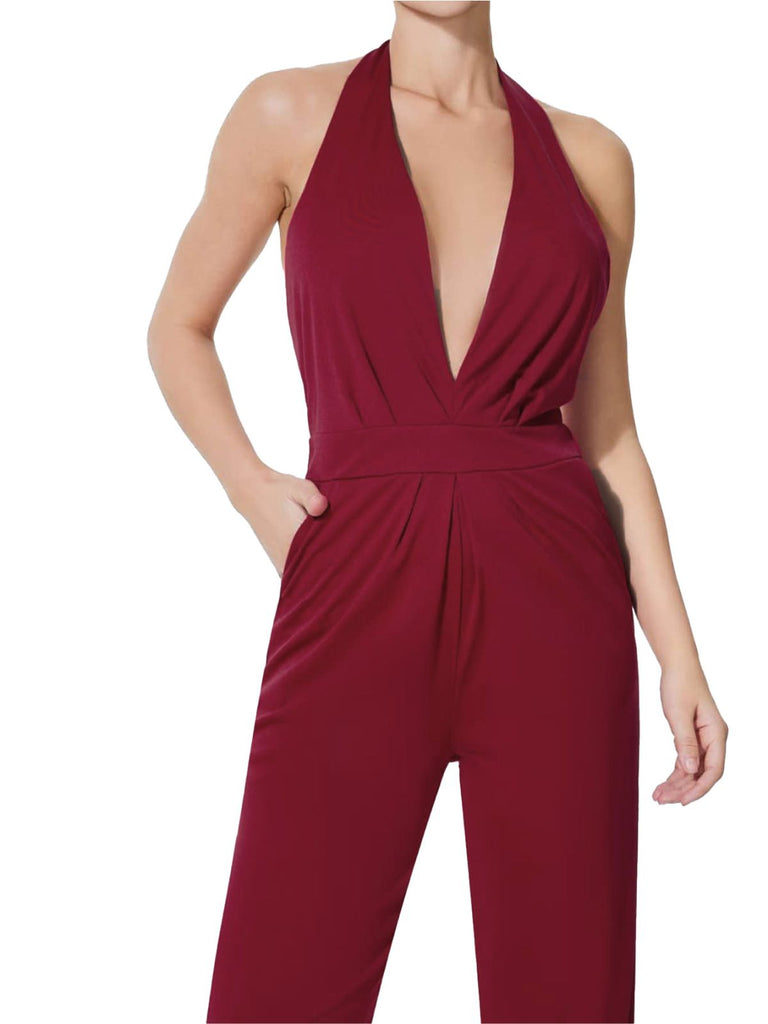 Wine Red 1970s Halter Deep V-Neck Pockets Jumpsuit - vintage jumpsuit, retro fashion, elegant red