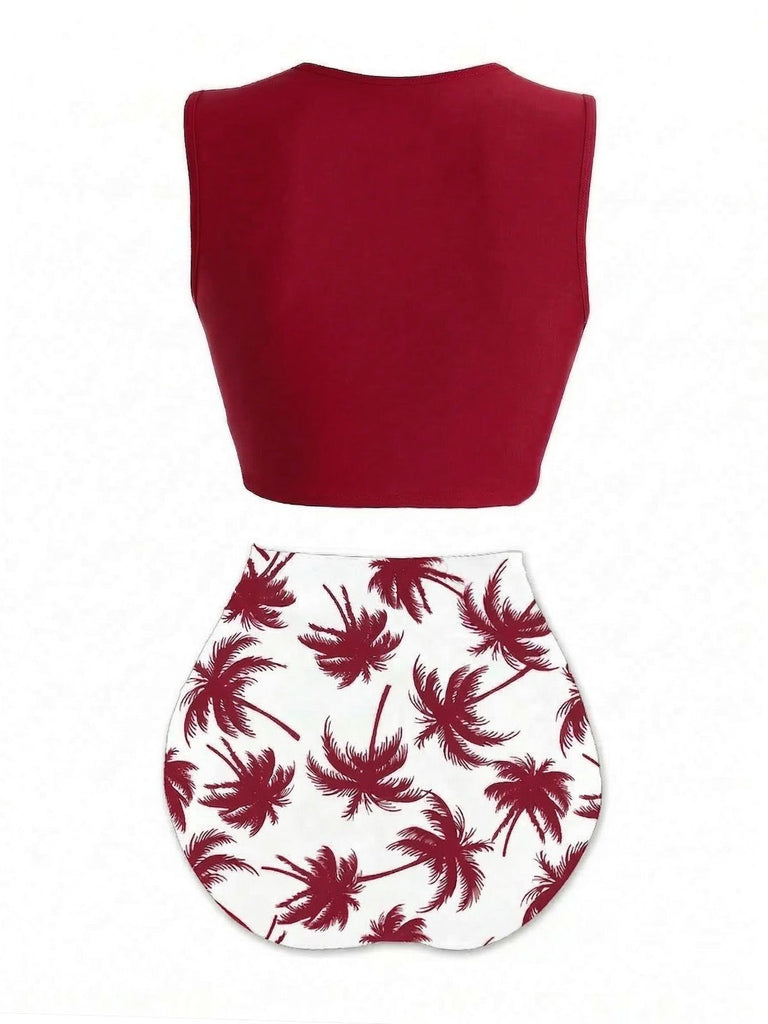 Wine Red 1980s Punk Waist Tie Skeleton Beach Print Bikini Set, classic vintage style summer beach collection - Image 2