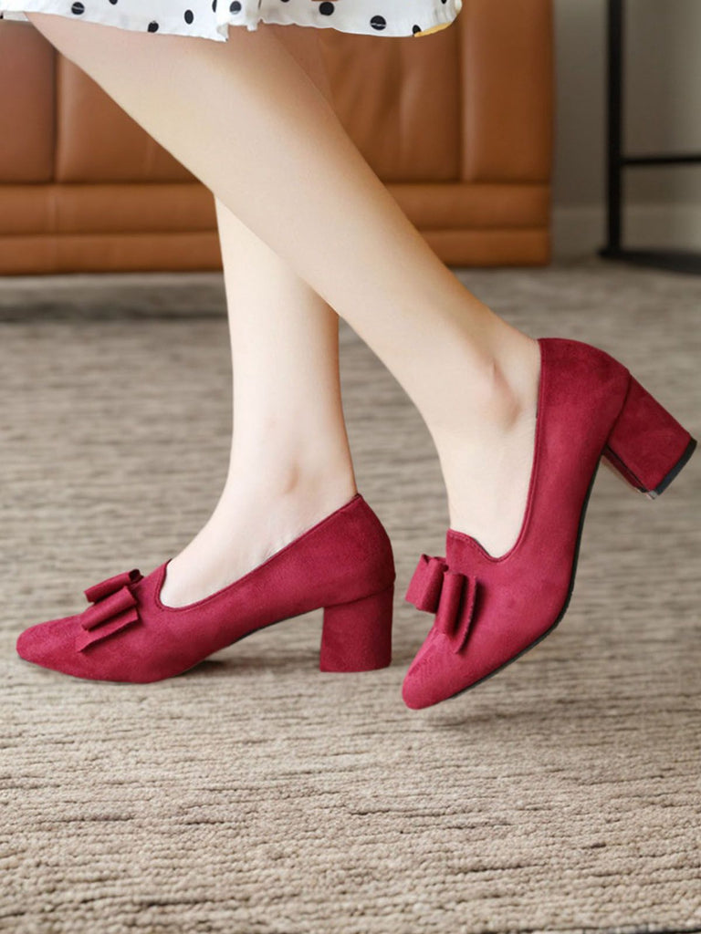 Wine Red Solid Bowknot Flannelette Heels, vintage shoes, retro heels - perfect for women who love vintage and retro fashion