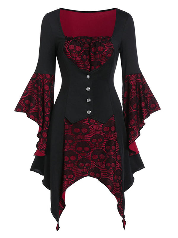 skull party dress Deep Red 1960s Halloween Skull Halter Dress