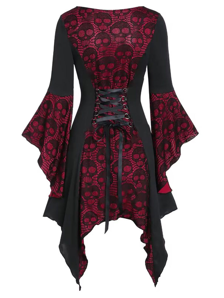 Wine Red&Black 1940s Skull Lace Button Dress, vintage dress, retro fashion, lace detail - perfect for women who love vintage and retro fashion
