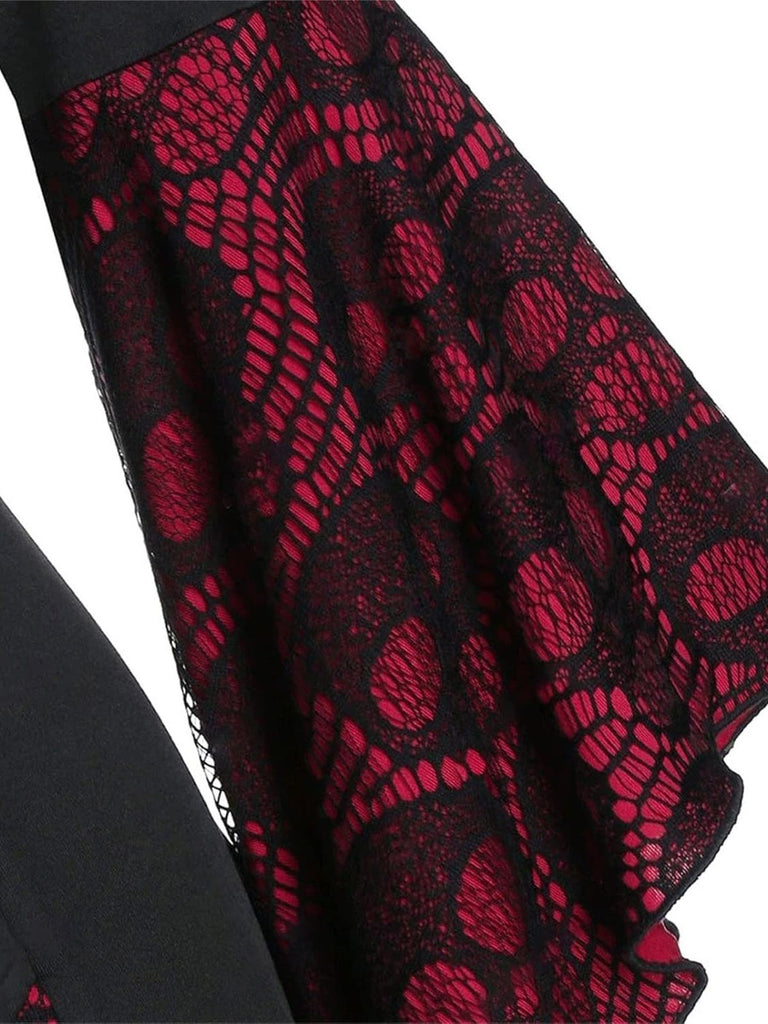 Wine Red&Black 1940s Skull Lace Button Dress, vintage dress, retro fashion, lace detail - perfect for women who love vintage and retro fashion