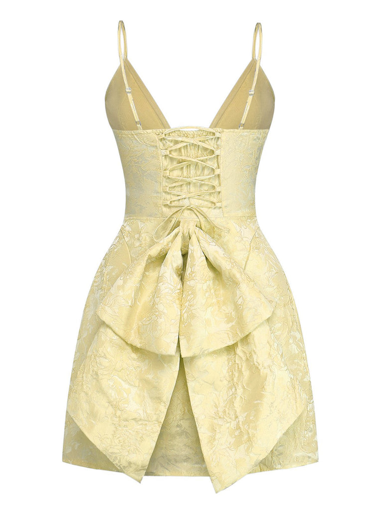 1960s Deep V Floral Lace Bow Strap Dress