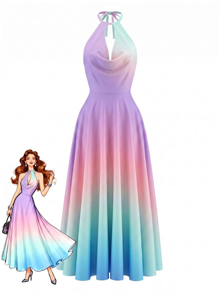Ombre Halter Cowl Neck Sundress Floor Length