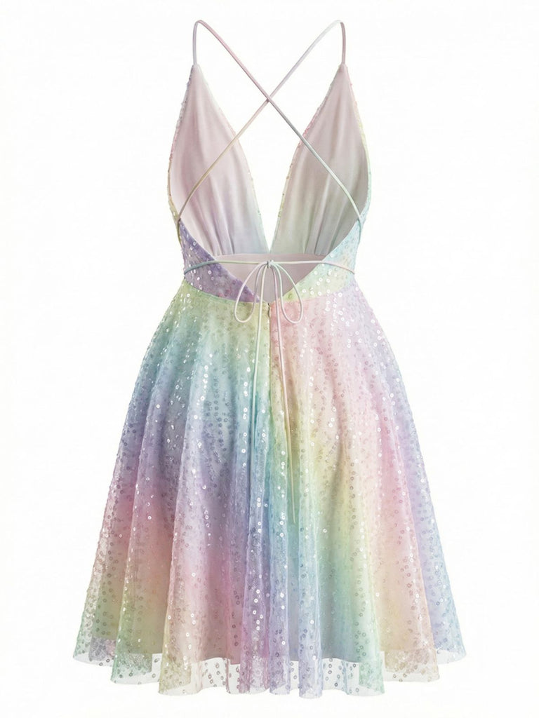 Women's Rainbow Sequined Deep V-Neck Backless Mini Dress for Party | Pride Outfit