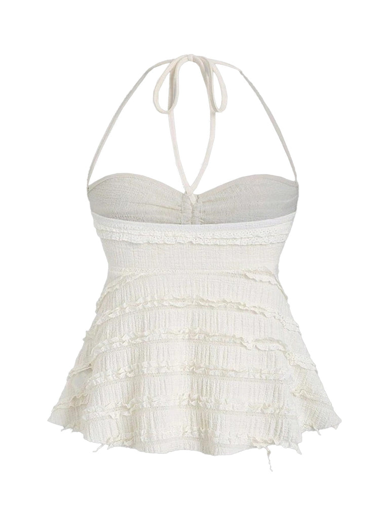 Y2K Solid Textured Halter Ruched Babydoll Top: beautiful vintage blouse, retro top, classic style with timeless appeal