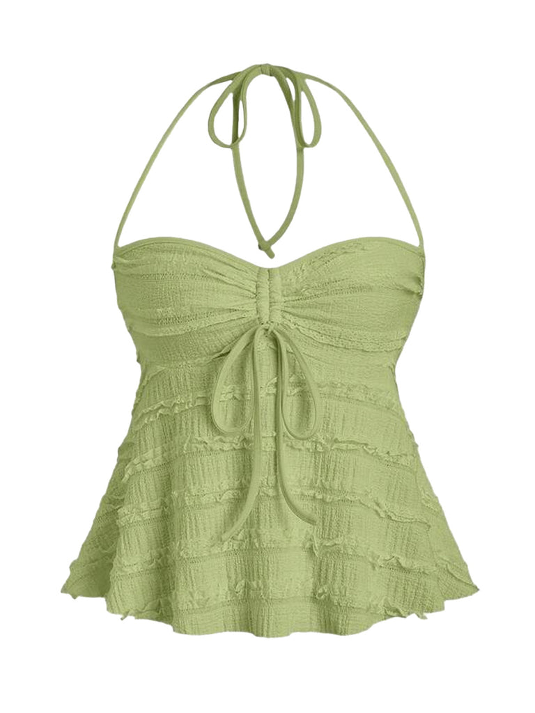 Y2K Solid Textured Halter Ruched Babydoll Top | vintage blouse, retro top, classic style - perfect for retro fashion enthusiasts