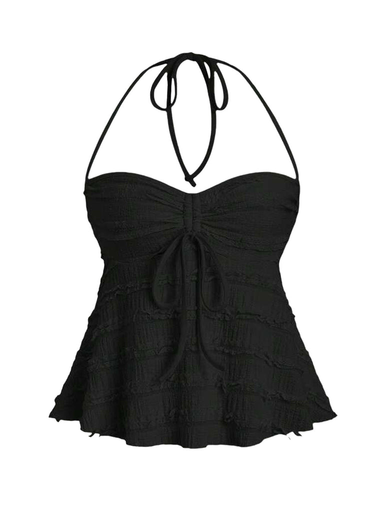 Y2K Solid Textured Halter Ruched Babydoll Top: beautiful vintage blouse, retro top, classic style with timeless appeal
