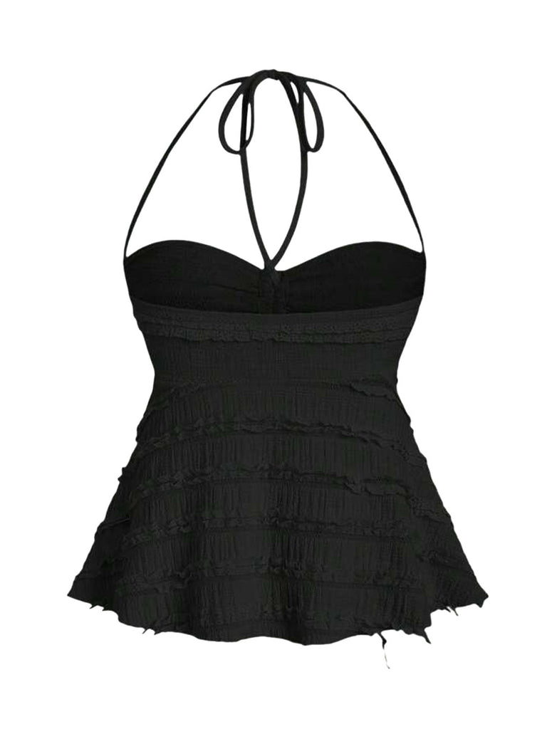 Y2K Solid Textured Halter Ruched Babydoll Top | vintage blouse, retro top, classic style - perfect for retro fashion enthusiasts