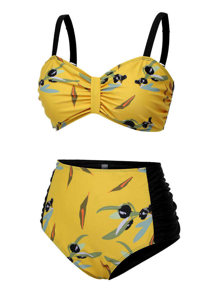 This Yellow 1930s Contrast Floral Strap Swimsuit carries 1930s vacation dreams in every stitch