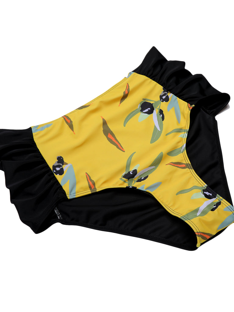 Yellow 1930s Contrast Floral Strap Swimsuit: 1930s Riviera elegance, reimagined for her