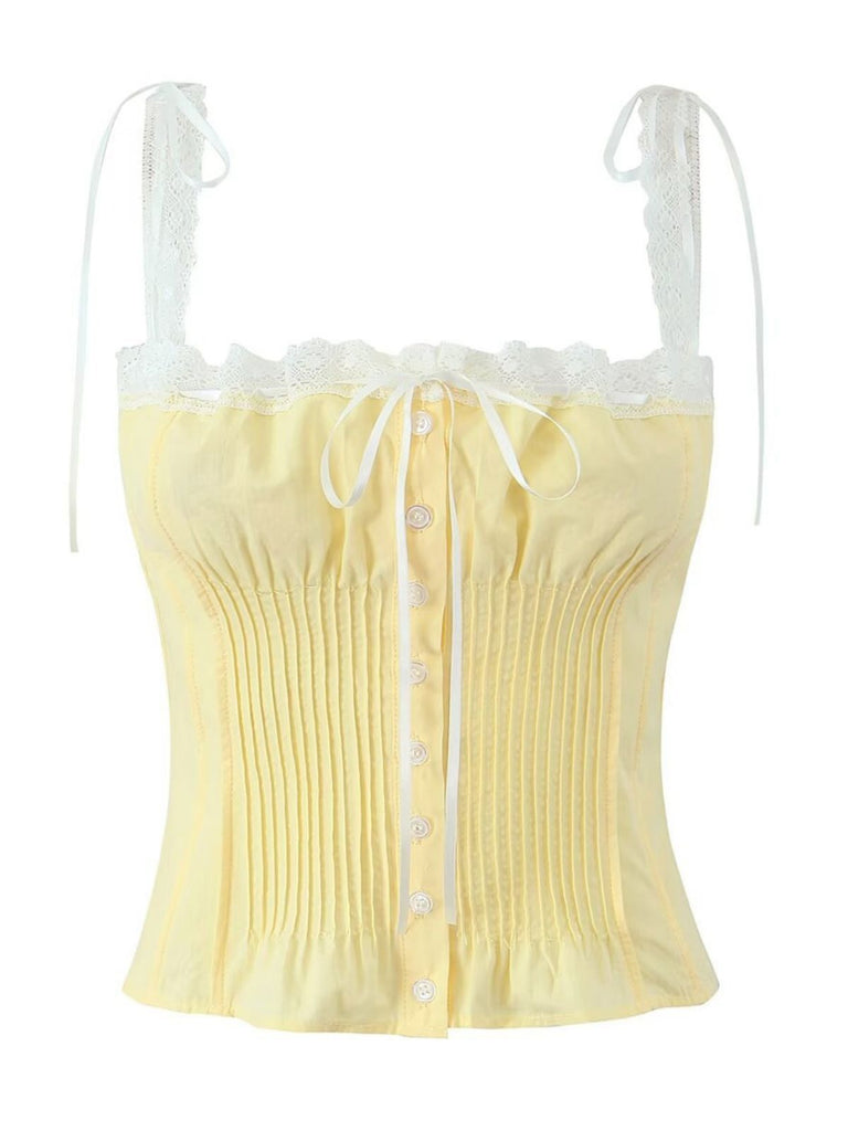 Yellow corset top with lace details on a white background