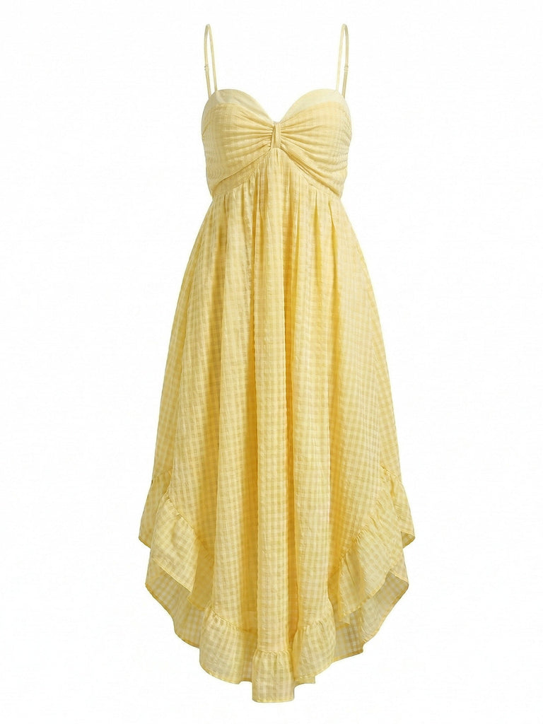 Yellow 1930s Halter Backless Dress Plaid Dress