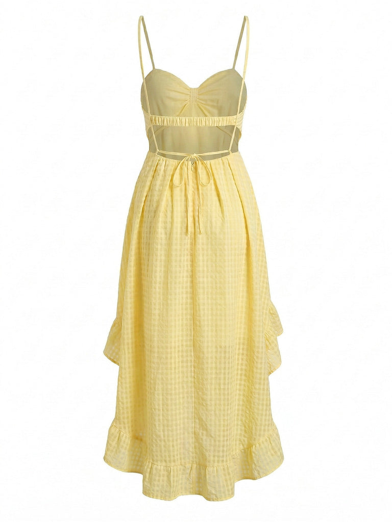 Yellow 1930s Halter Backless Dress Plaid Dress