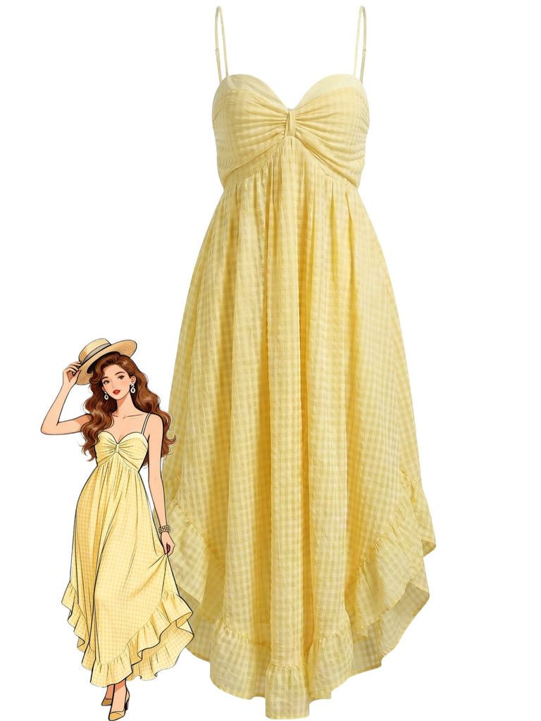 Yellow 1930s Halter Backless Dress Plaid Dress