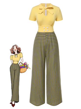 She finds her 1930s story in this Yellow 1930s Plaid Keyhole Tie Neck Jumpsuit