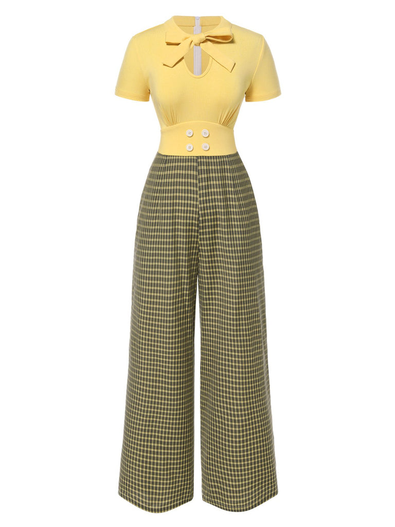 This Yellow 1930s Plaid Keyhole Tie Neck Jumpsuit whispers 1930s secrets to those who notice
