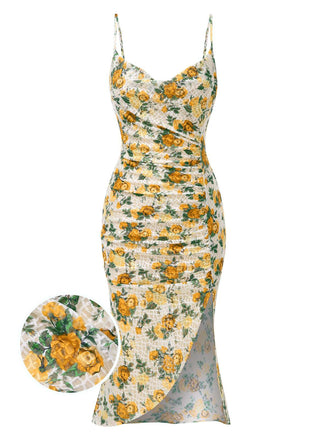 She slips into this Yellow 1930s Roses Cowl Neck Fishtail Ruched Dress and suddenly it's a 1930s daydream