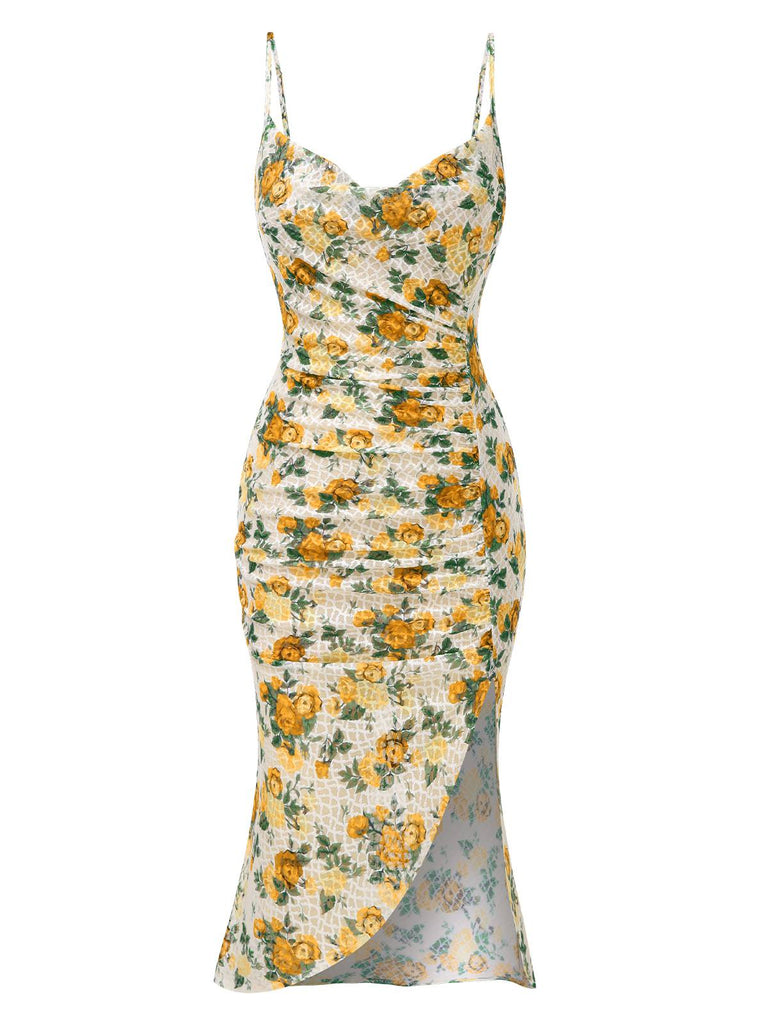 Yellow 1930s Roses Cowl Neck Fishtail Ruched Dress, vintage dress, retro fashion - perfect for women who love vintage and retro fashion