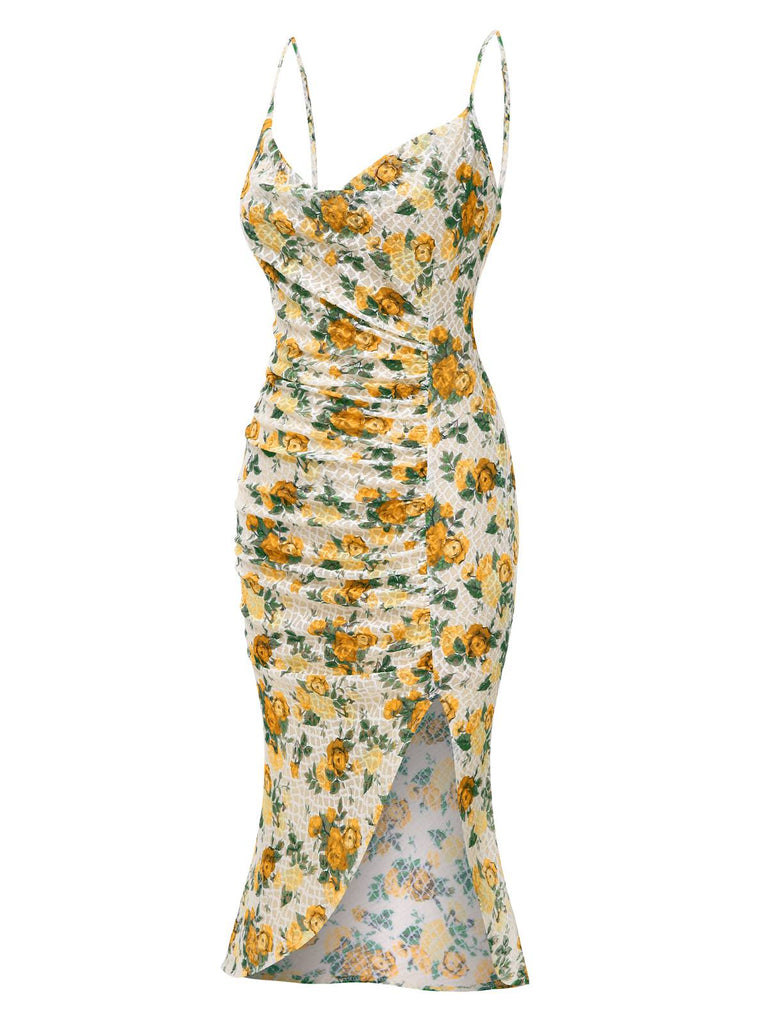 Yellow 1930s Roses Cowl Neck Fishtail Ruched Dress, vintage dress, retro fashion - perfect for women who love vintage and retro fashion