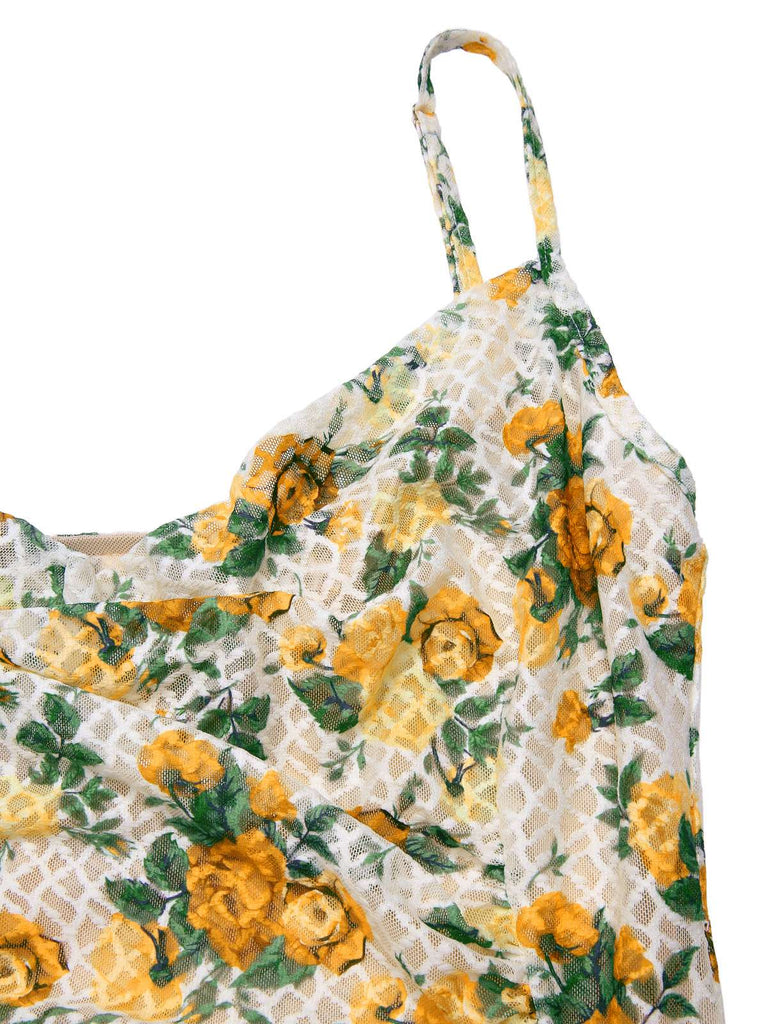 Yellow 1930s Roses Cowl Neck Fishtail Ruched Dress, vintage dress, retro fashion - perfect for women who love vintage and retro fashion