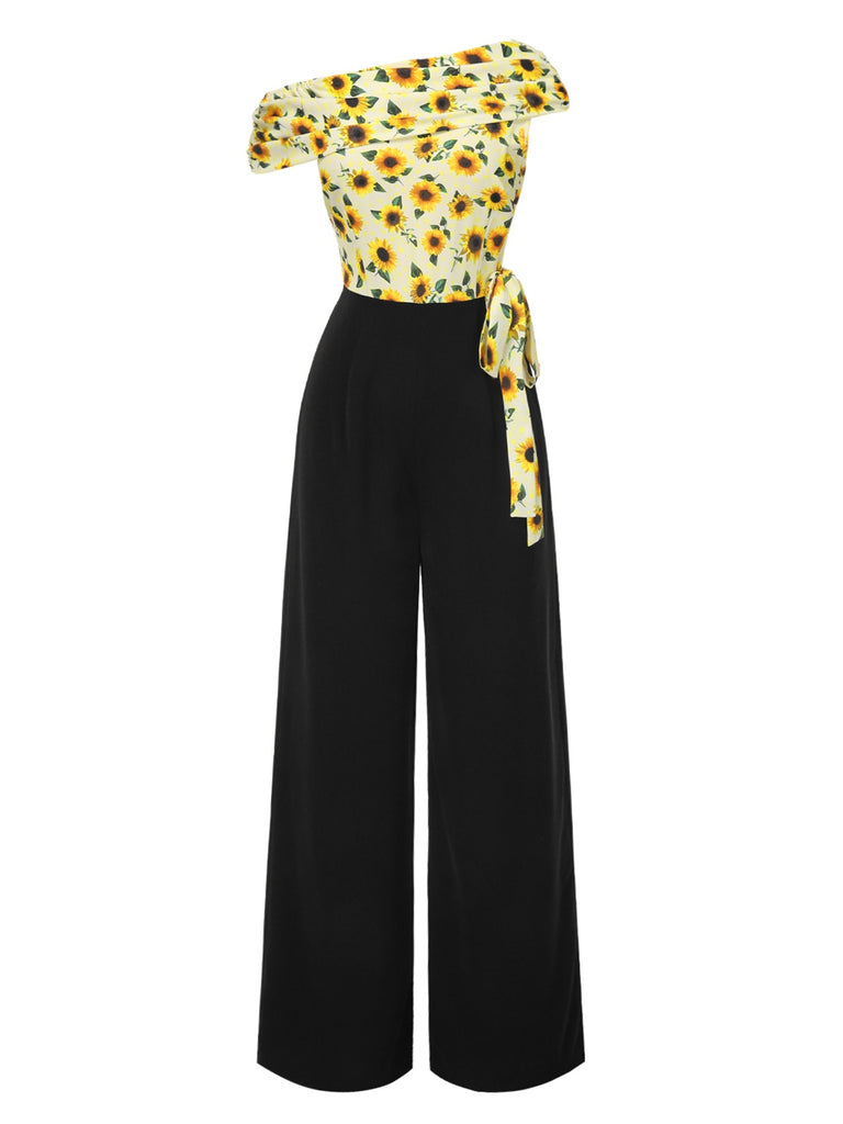 This Yellow 1930s Sunflower Oblique Neck Jumpsuit whispers 1930s secrets to those who notice
