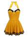 Yellow 1940s Contrast Halter Patchwork Swimsuit, vintage swimsuit, pin-up swimwear - perfect for women who love vintage and retro fashion