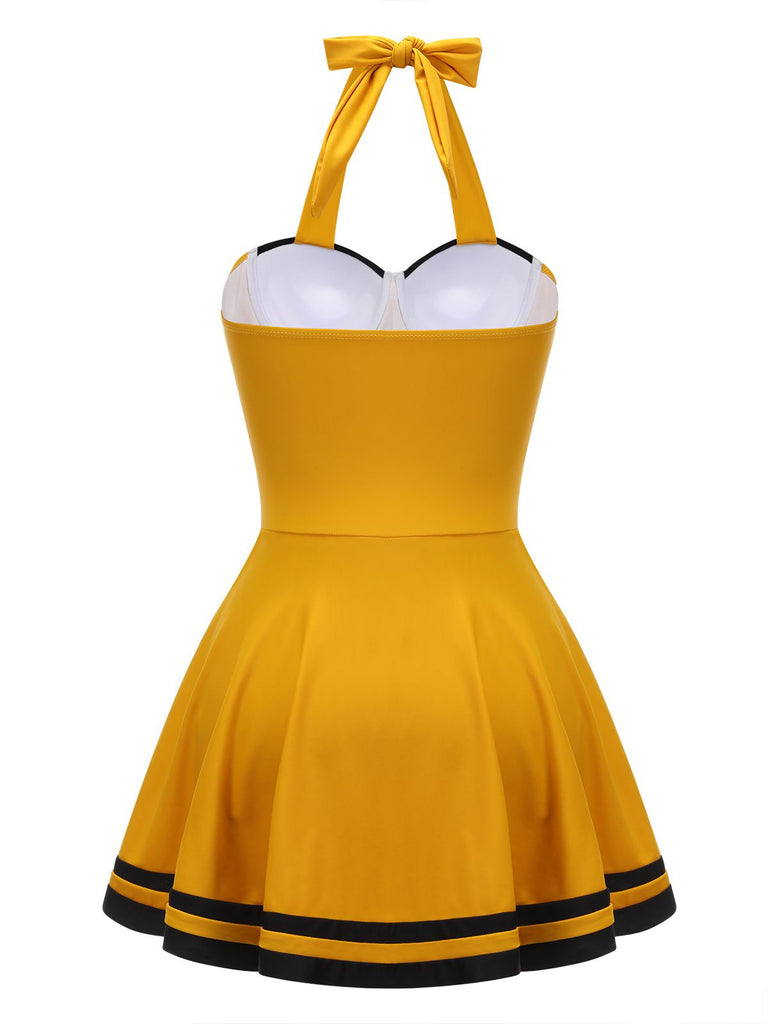 Yellow 1940s Contrast Halter Patchwork Swimsuit, vintage swimsuit, pin-up swimwear - perfect for women who love vintage and retro fashion