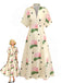 Yellow 1940s Fitted Waist Print V-Neck Long Dress - vintage dress, retro fashion