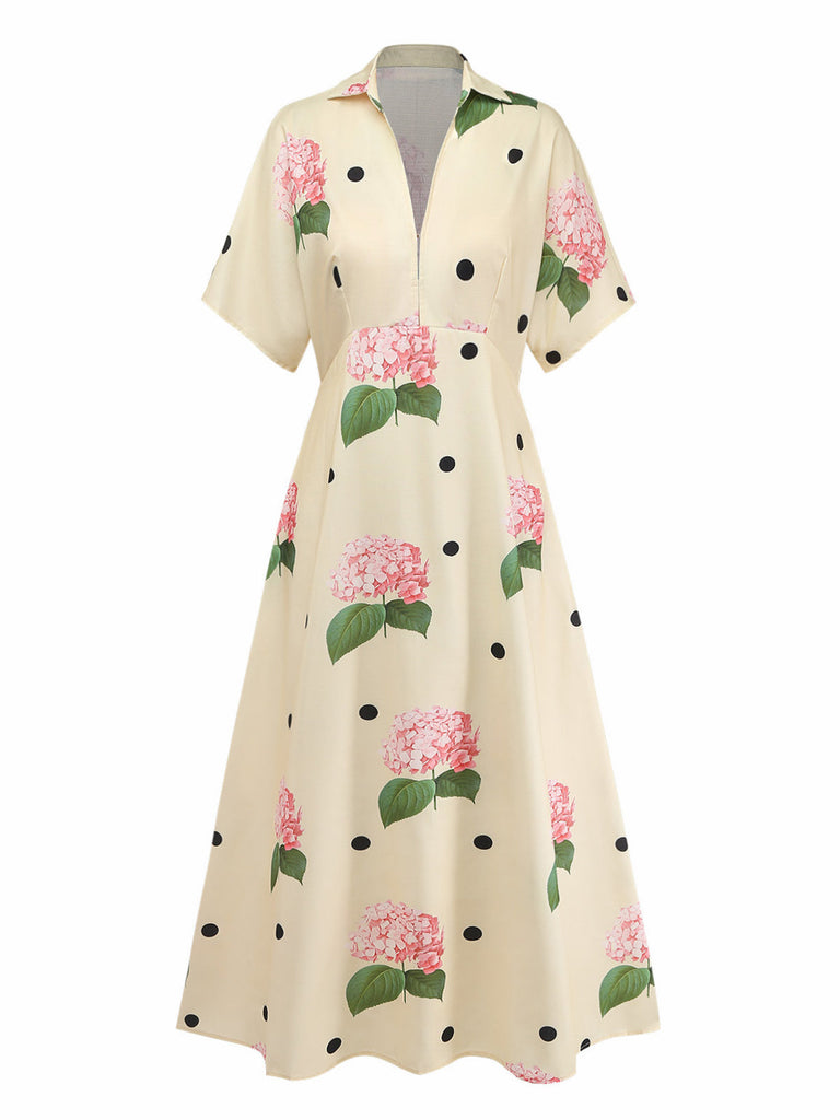 Yellow 1940s Fitted Waist Print V-Neck Long Dress - vintage dress, retro fashion