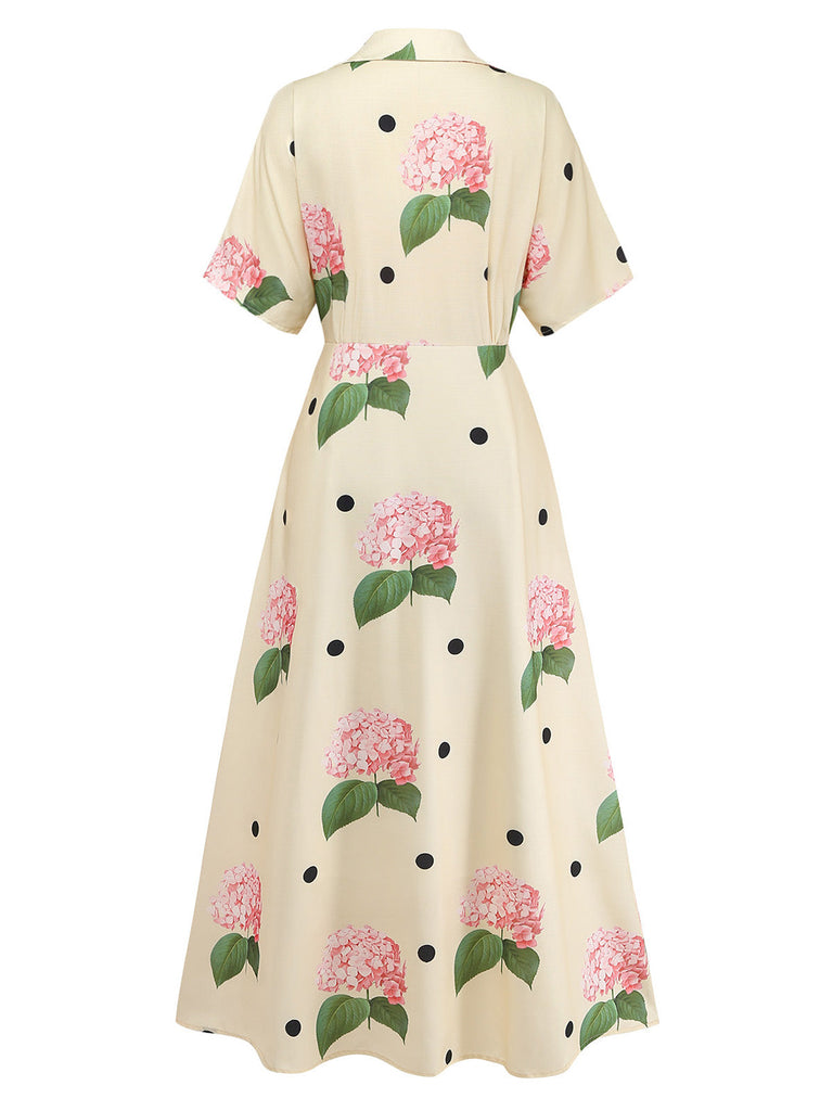 Yellow 1940s Fitted Waist Print V-Neck Long Dress - vintage dress, retro fashion