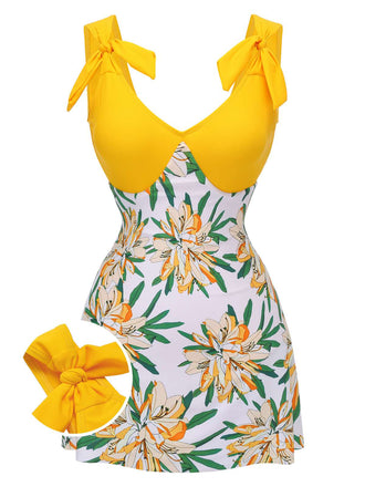 Yellow 1940s Floral Patchwork One-Piece Swimsuit: timeless style reimagined