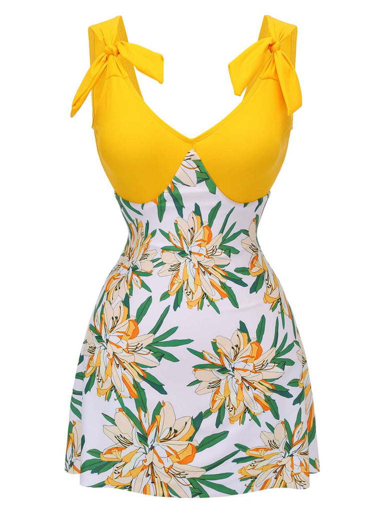 Yellow 1940s Floral Patchwork One-Piece Swimsuit — vintage elegance for the modern woman