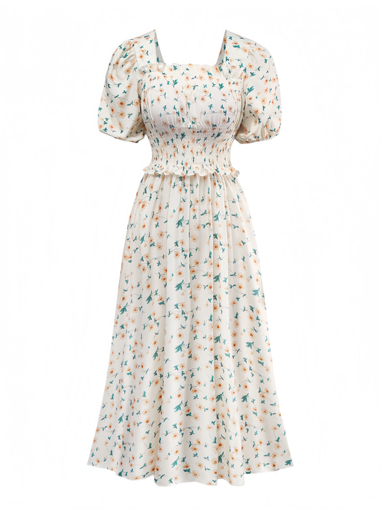 Yellow 1940s Floral Square Neck Dress - vintage dress, retro fashion