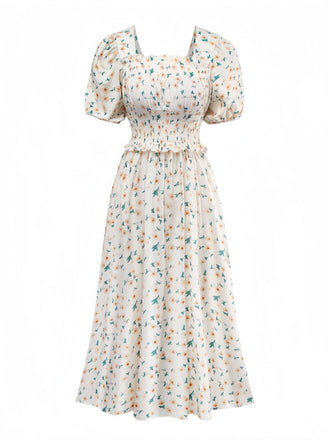 Yellow 1940s Floral Square Neck Dress - vintage dress, retro fashion