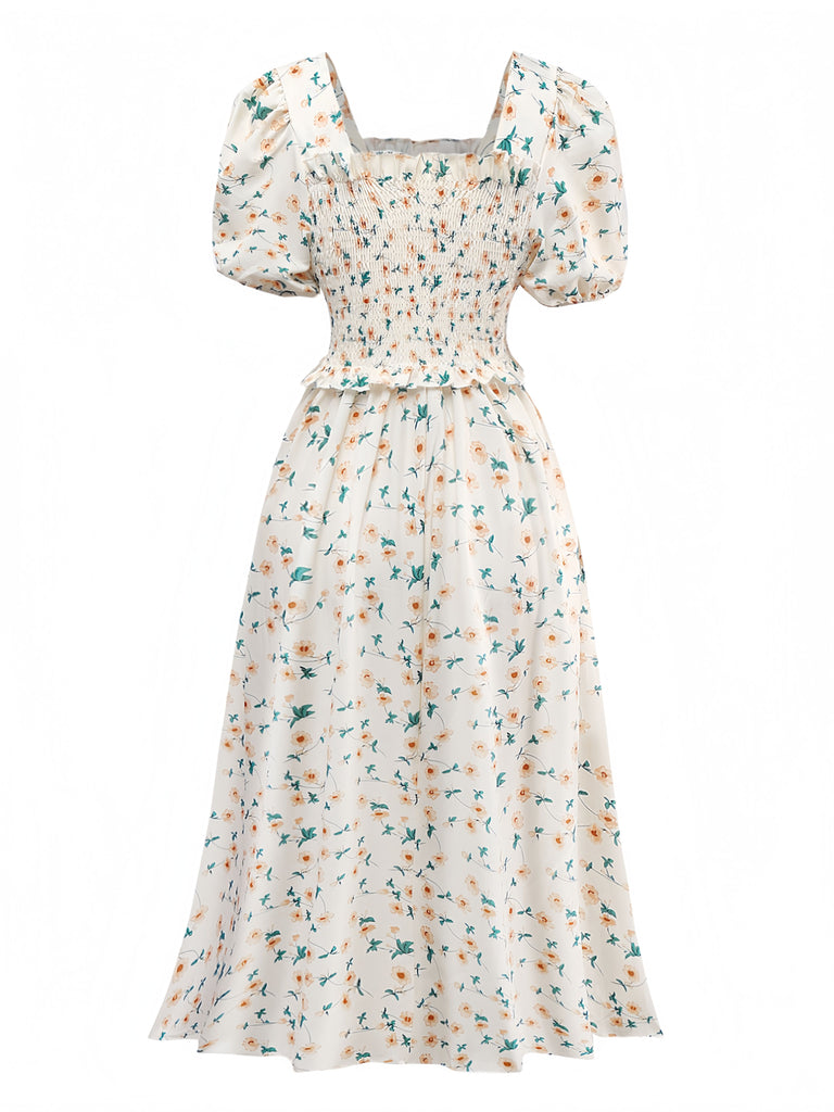 Yellow 1940s Floral Square Neck Dress - vintage dress, retro fashion