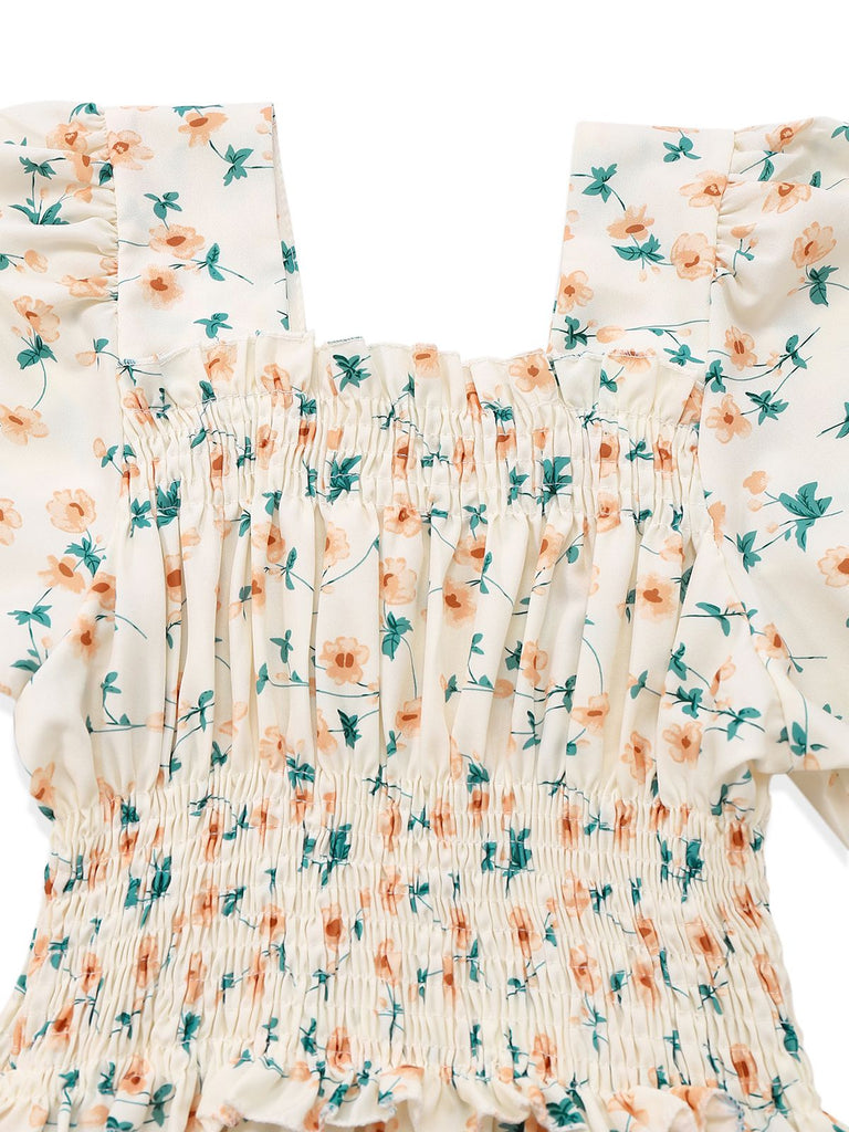 Yellow 1940s Floral Square Neck Dress - vintage dress, retro fashion
