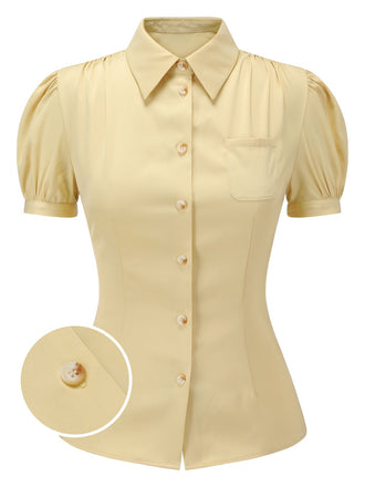 Yellow 1940s Lapel Puff Sleeve Solid Blouse: timeless style reimagined